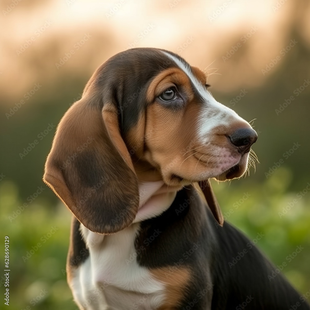 Profile portrait of a cute Basset Hound puppy in the nature. Basset Hound pup portrait on sunny summer day. Outdoor portrait of a beautiful young dog in a summer field. AI generated dog illustration.