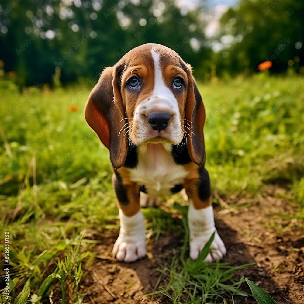 Basset Hound puppy standing on the green meadow in summer green field. Portrait of a cute Basset Hound pup standing on the grass with summer landscape in the background. AI generated dog illustration.