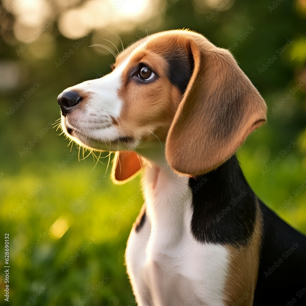 Profile portrait of a Beagle puppy in the nature. Beagle pup portrait on sunny summer day. Outdoor portrait of a beautiful young dog in summer field. AI generated.