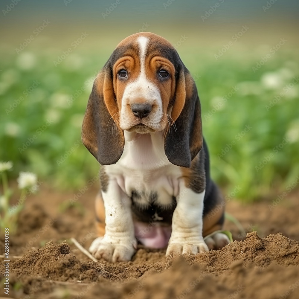 Basset Hound puppy sitting on the green meadow in summer green field. Portrait of a cute Basset Hound pup sitting on the grass with summer landscape in the background. AI generated dog illustration.