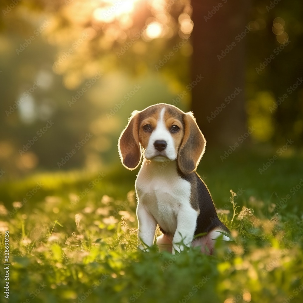 Beagle puppy sitting on the green meadow in a summer green field. Portrait of a cute Beagle pup sitting on the grass with a summer landscape in the background. AI generated dog illustration.