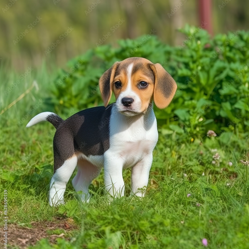 Beagle puppy standing on the green meadow in a summer green field. Portrait of a cute Beagle pup standing on the grass with a summer landscape in the background. AI generated dog illustration.