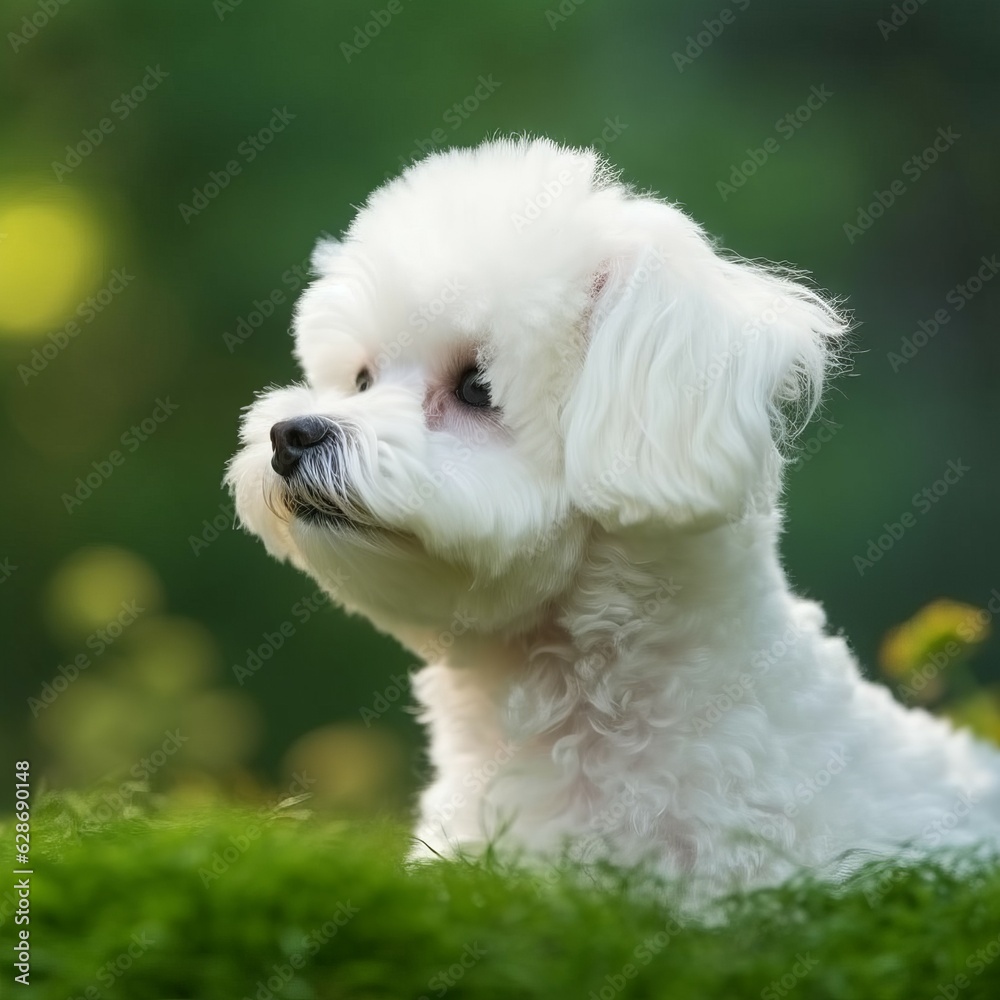 Bichon Frise puppy portrait on a sunny summer day. Closeup portrait of a cute purebred Bichon Frise pup in a field. Outdoor portrait of a beautiful puppy in a summer field. AI generated. Bichon Frise puppy portrait on a sunny summer day. Closeup portrait of a cute purebred Bichon Frise pup in a field. Outdoor portrait of a beautiful puppy in a summer field. AI generated.