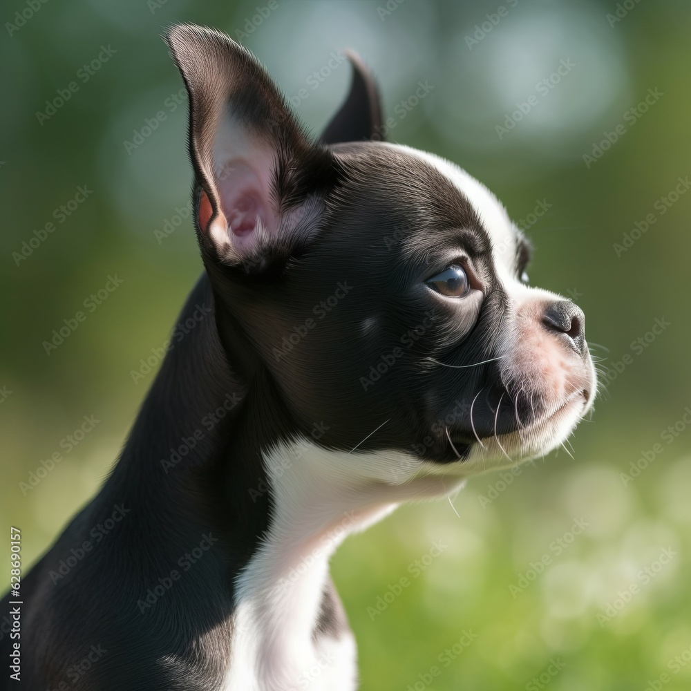 Profile portrait of a cute Boston Terrier puppy in the nature. Boston Terrier pup portrait on sunny summer day. Outdoor portrait of a beautiful young dog in summer field. AI generated dog illustration