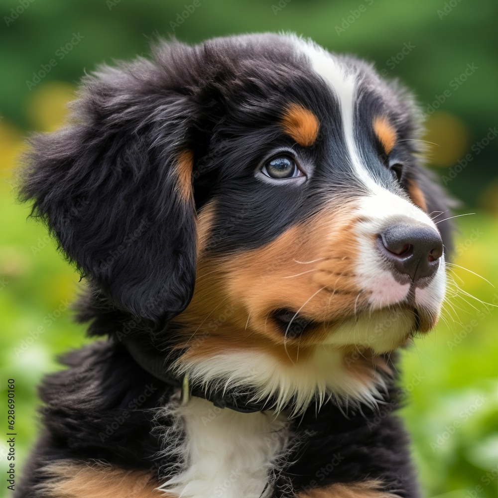 Bernese Mountain Dog puppy portrait on a sunny summer day. Closeup portrait of a cute purebred Bernese Mountain Dog pup in a field. Outdoor portrait of beautiful puppy in summer field. AI generated. Bernese Mountain Dog puppy portrait on a sunny summer day. Closeup portrait of a cute purebred Bernese Mountain Dog pup in a field. Outdoor portrait of beautiful puppy in summer field. AI generated.