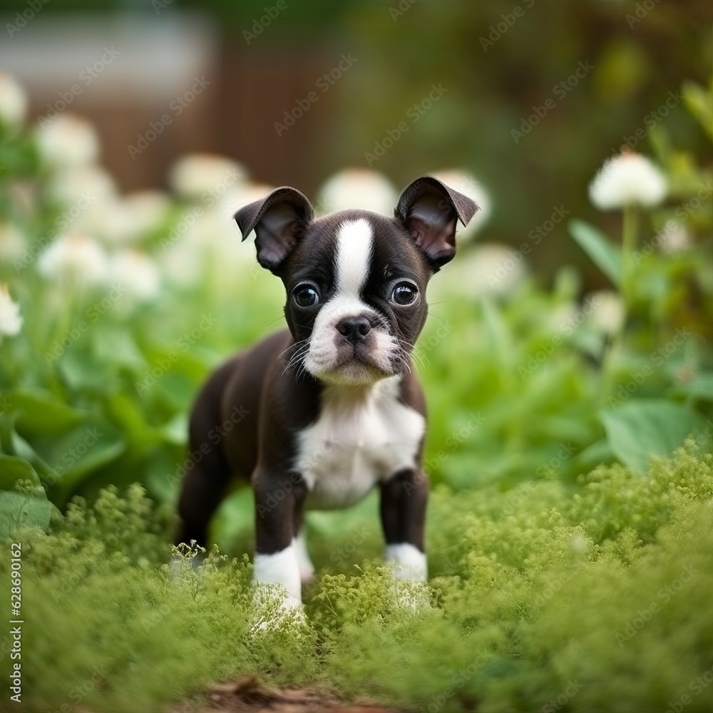 Boston Terrier puppy standing on the green meadow in summer green field. Portrait of a cute Boston Terrier pup standing on the grass with summer landscape in the background. AI generated dog.