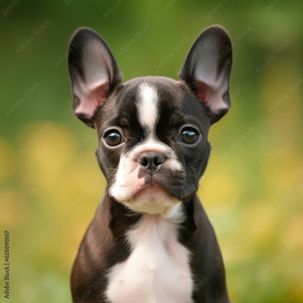 Boston Terrier puppy portrait on a sunny summer day. Closeup portrait of a cute purebred Boston Terrier pup in a field. Outdoor portrait of a beautiful puppy in a summer field. AI generated.