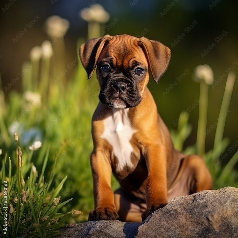 Boxer puppy sitting on the green meadow in summer green field. Portrait of a cute Boxer pup sitting on the grass with a summer landscape in the background. AI generated dog illustration.