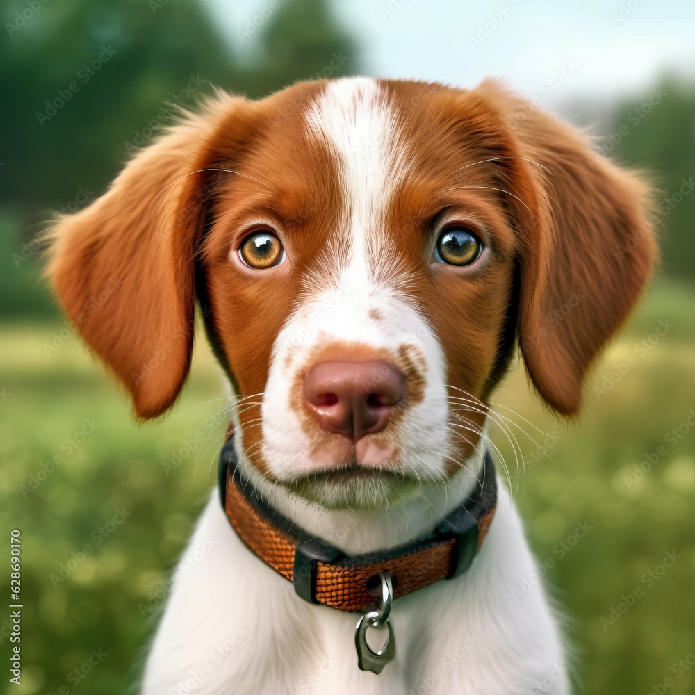 Brittany puppy portrait on a sunny summer day. Closeup portrait of a cute purebred Brittany pup in a field. Outdoor portrait of a beautiful puppy in summer field. AI generated dog illustration Brittany puppy portrait on a sunny summer day. Closeup portrait of a cute purebred Brittany pup in a field. Outdoor portrait of a beautiful puppy in summer field. AI generated dog illustration