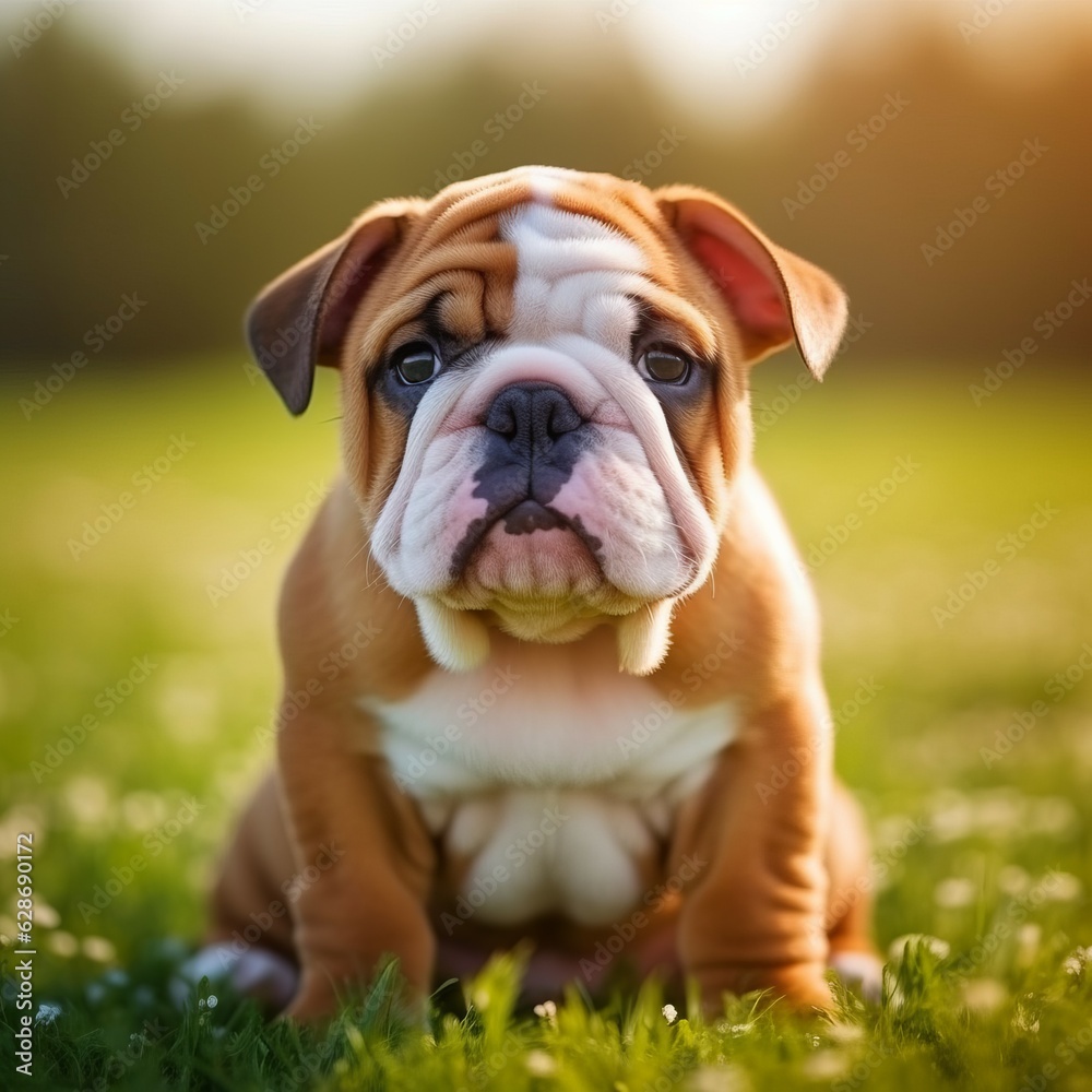 Bulldog puppy sitting on the green meadow in a summer green field. Portrait of a Bulldog pup sitting on the grass with a summer landscape in the background. AI generated dog.