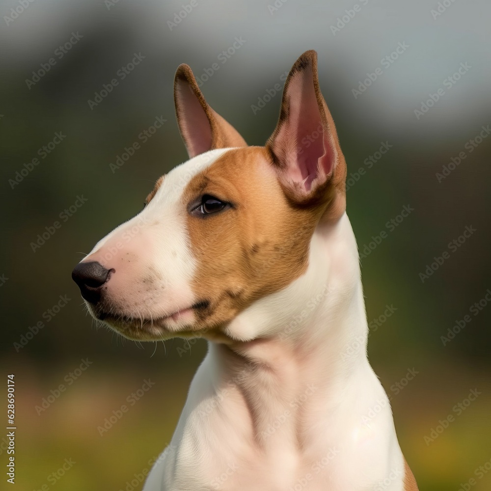 Profile portrait of a cute Bull Terrier puppy in the nature. Bull Terrier pup portrait on sunny summer day. Outdoor portrait of a beautiful young dog in a summer field. AI generated dog illustration.