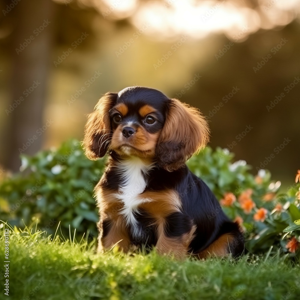 Cavalier King Charles Spaniel puppy sitting on the green meadow in a ...