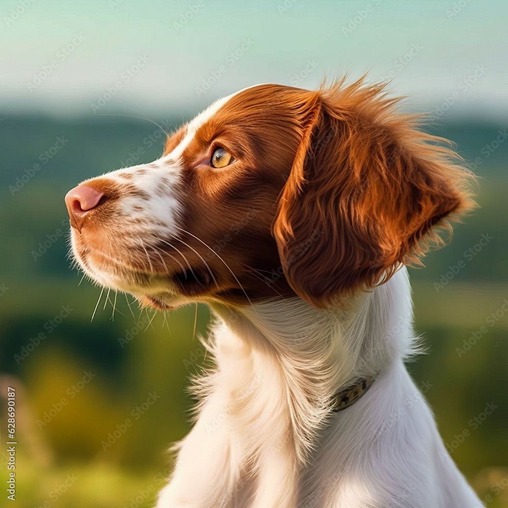 Profile portrait of a cute Brittany puppy in the nature. Brittany pup portrait on sunny summer day. Outdoor portrait of a beautiful young dog in a summer field. AI generated dog illustration.