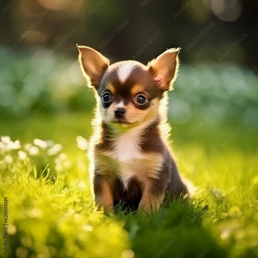 Chihuahua puppy sitting on the green meadow in summer green field. Portrait of a cute Chihuahua pup sitting on the grass with a summer landscape in the background. AI generated dog illustration.