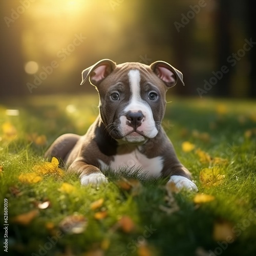 American Staffordshire Terrier puppy lying on the green meadow in a summer green field. Portrait of a cute American Staffordshire Terrier pup lying on grass with summer landscape in the background