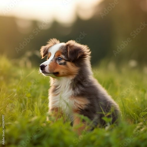 Australian shepherd puppy on the nature. Beautiful Australian shepherd puppy outdoors portrait
