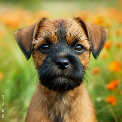 Border Terrier puppy portrait on a sunny summer day. Closeup portrait of a cute purebred Border Terrier pup in a field. Outdoor portrait of a beautiful puppy in a summer field. AI generated.