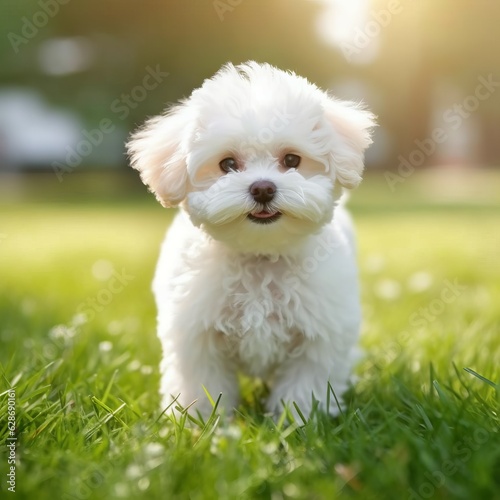 Bichon Frise puppy standing on the green meadow in summer green field. Portrait of a cute Bichon Frise pup standing on the grass with summer landscape in the background. AI generated dog.