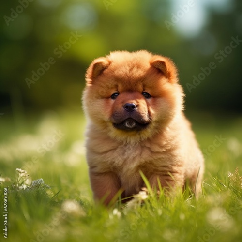 Chow Chow puppy standing on the green meadow in summer green field. Portrait of a cute Chow Chow pup standing on the grass with a summer landscape in the background. AI generated dog illustration. © Valua Vitaly
