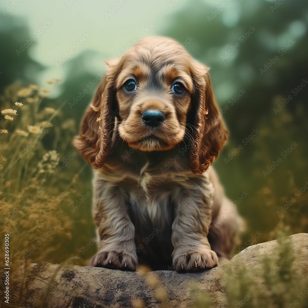 English Cocker Spaniel puppy standing on the green meadow in a summer green field. Portrait of a cute English Cocker Spaniel pup standing on the grass with a summer landscape in the background.
