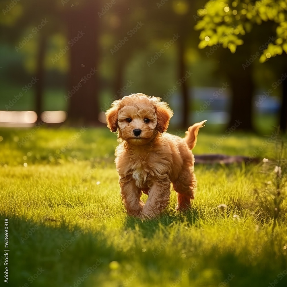 Poodle puppy standing on the green meadow in a summer green field. Portrait of a Poodle pup standing on the grass with a summer landscape in the background. AI generated dog illustration. Poodle puppy standing on the green meadow in a summer green field. Portrait of a Poodle pup standing on the grass with a summer landscape in the background. AI generated dog illustration.