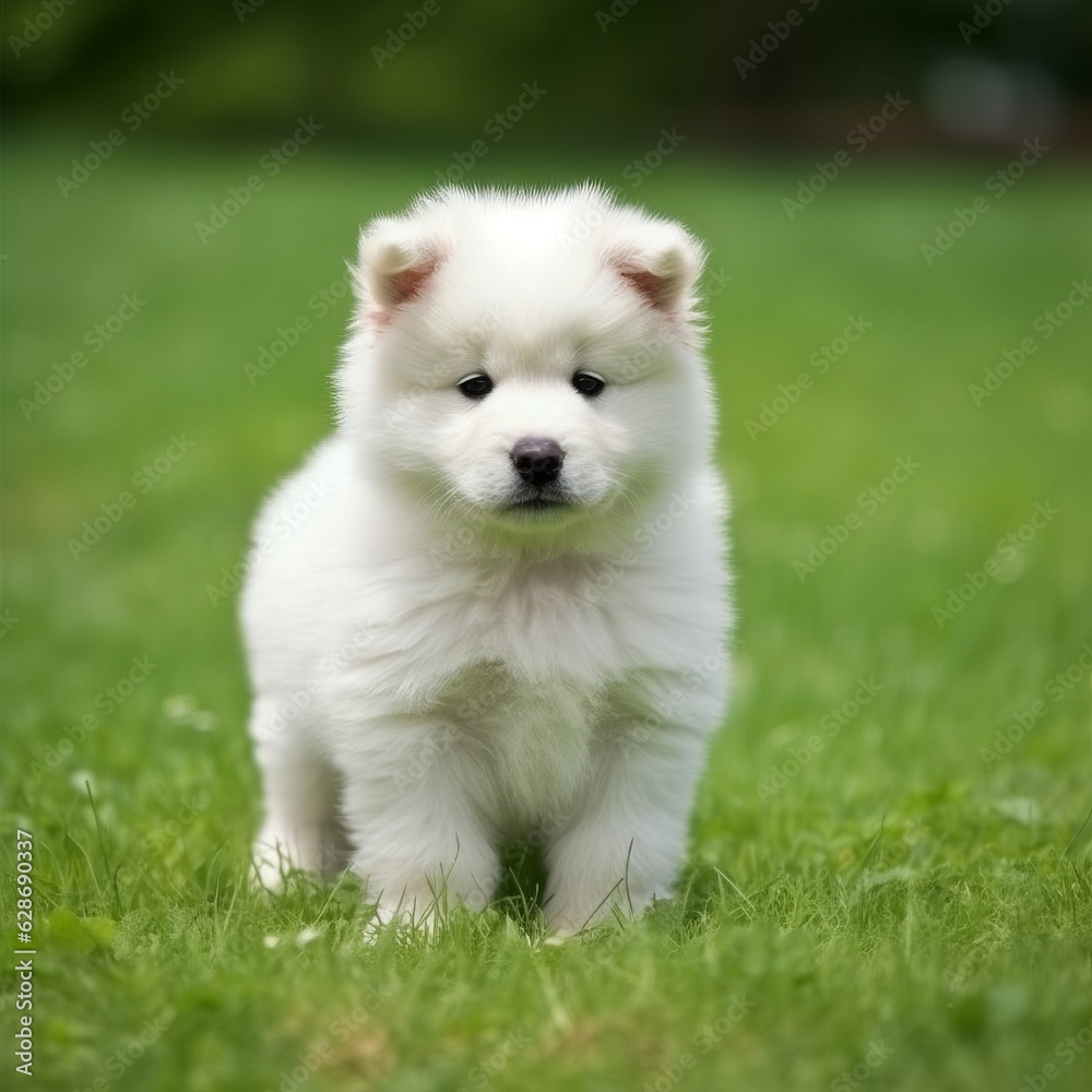 Fototapeta premium Samoyed puppy standing on the green meadow in summer green field. Portrait of a cute Samoyed pup standing on the grass with a summer landscape in the background. AI generated dog illustration.