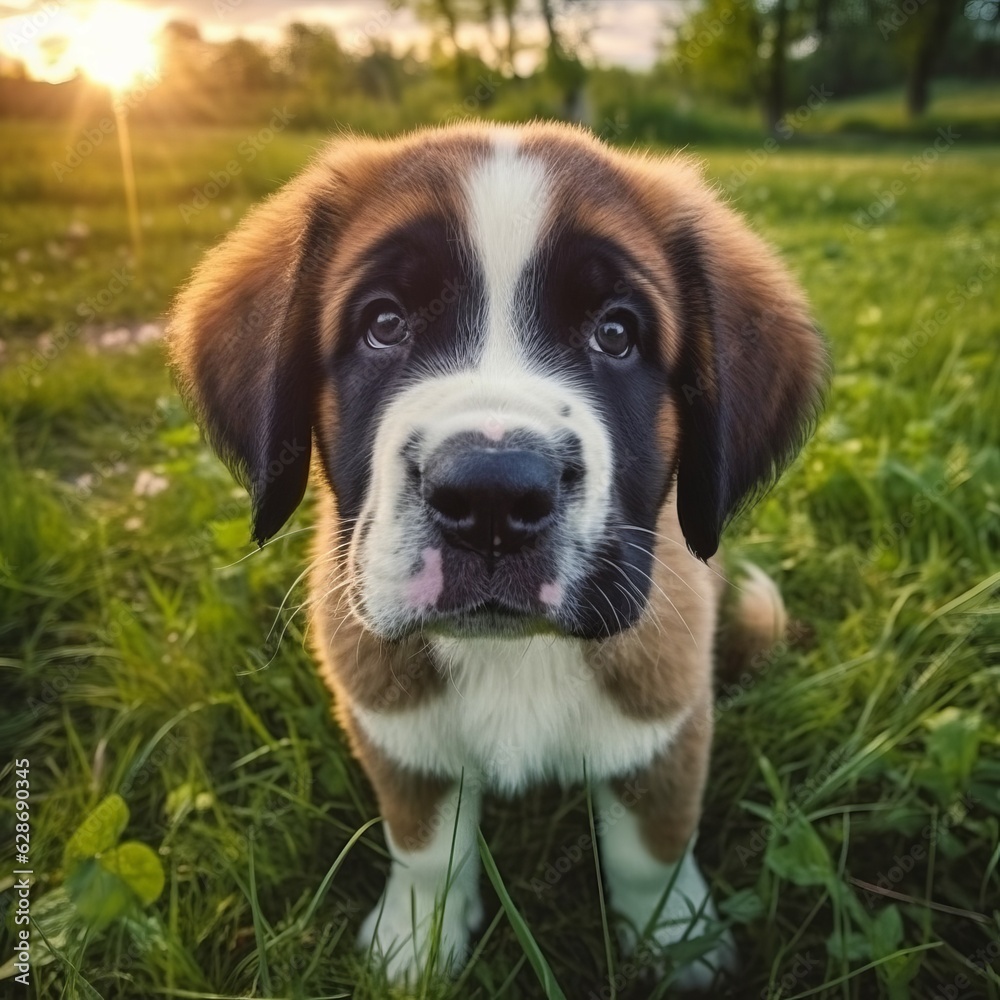 St. Bernard puppy portrait on a sunny summer day. Closeup portrait of a cute purebred St. Bernard pup in a field. Outdoor portrait of a beautiful puppy in summer field. AI generated dog illustration