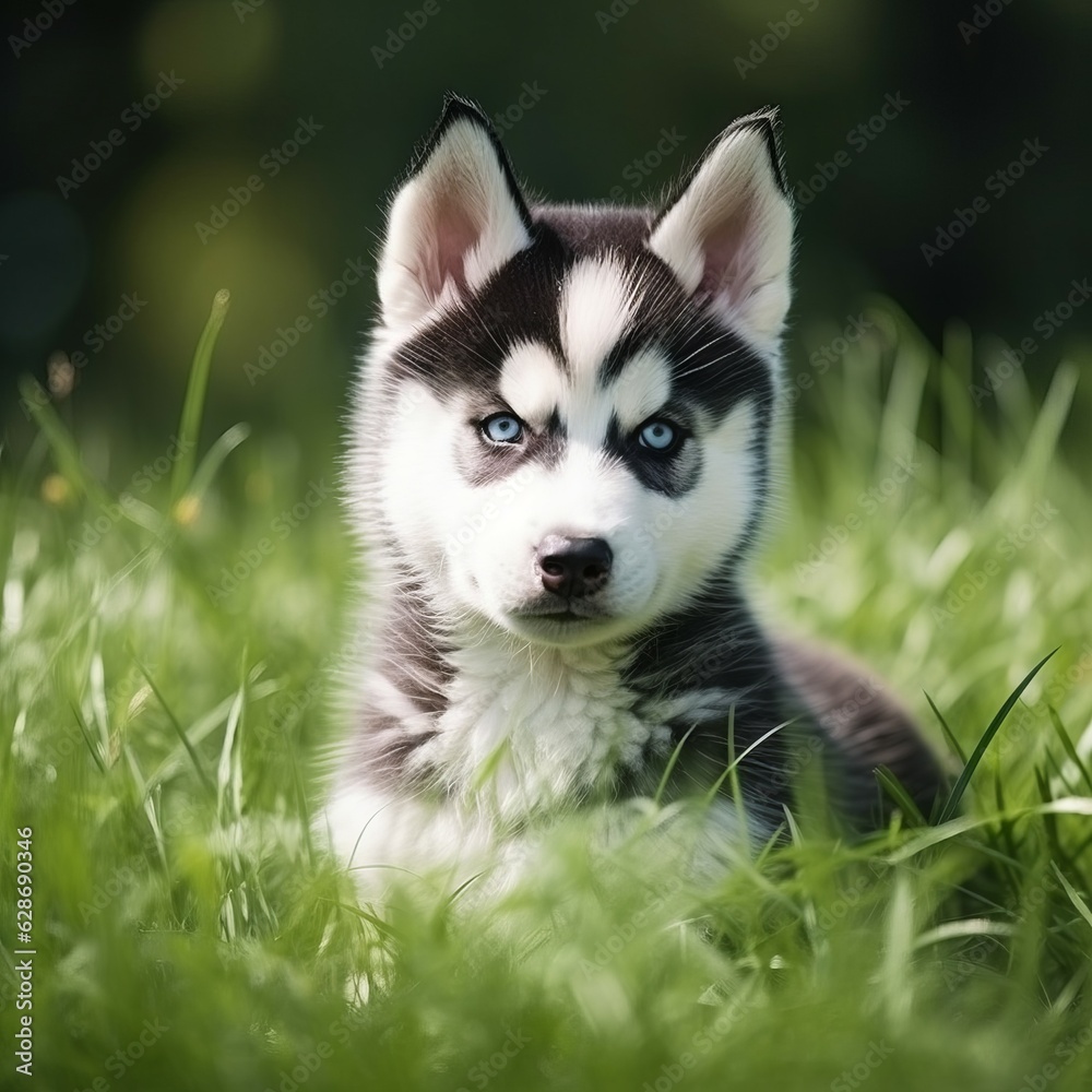 Siberian Husky puppy portrait on a sunny summer day. Closeup portrait of a cute purebred Siberian Husky pup in a field. Outdoor portrait of a beautiful puppy in a summer field. AI generated dog. Siberian Husky puppy portrait on a sunny summer day. Closeup portrait of a cute purebred Siberian Husky pup in a field. Outdoor portrait of a beautiful puppy in a summer field. AI generated dog.