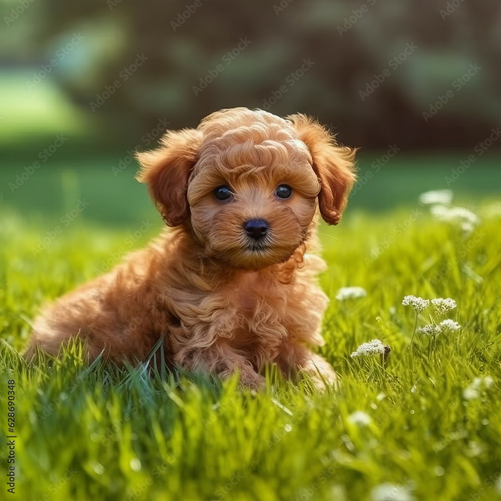 Poodle puppy sitting on the green meadow in a summer green field. Portrait of a Poodle pup sitting on the grass with a summer landscape in the background. AI generated dog illustration.