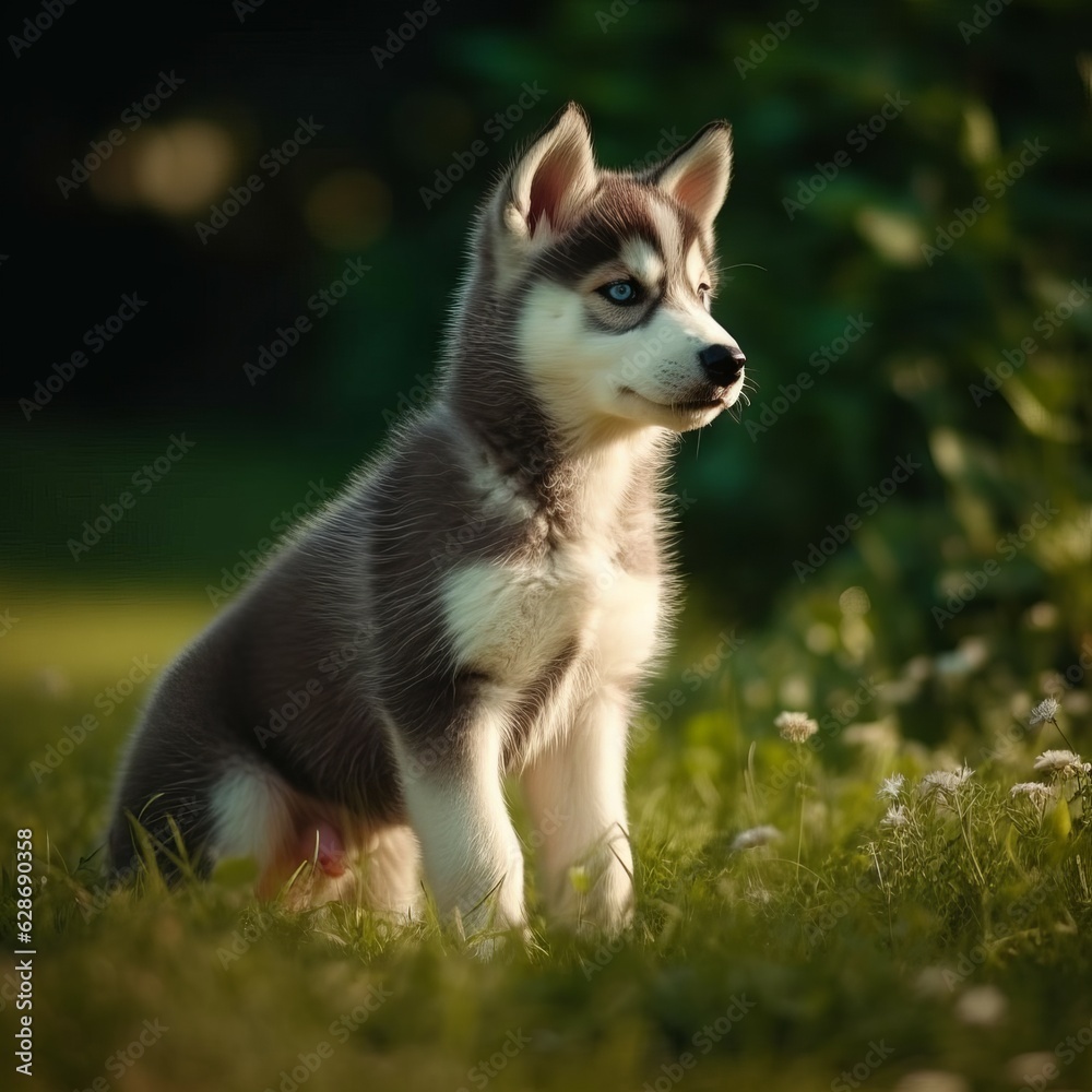 Siberian Husky puppy sitting on the green meadow in summer green field. Portrait of a cute Siberian Husky pup sitting on the grass with a summer landscape in the background. AI generated dog.