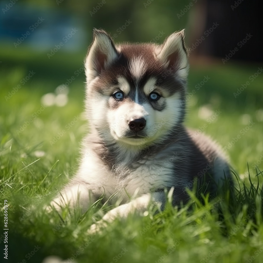 Alaskan Malamute puppy lying on the green meadow in summer green field. Portrait of a cute Alaskan Malamute pup lying on the grass with a summer landscape in the background.