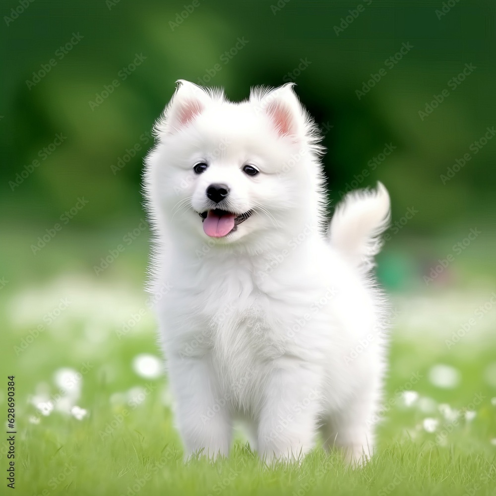 American Eskimo Dog puppy standing on the green meadow in summer green field. Portrait of a cute American Eskimo Dog pup standing on the grass with a summer landscape in the background. American Eskimo Dog puppy standing on the green meadow in summer green field. Portrait of a cute American Eskimo Dog pup standing on the grass with a summer landscape in the background.