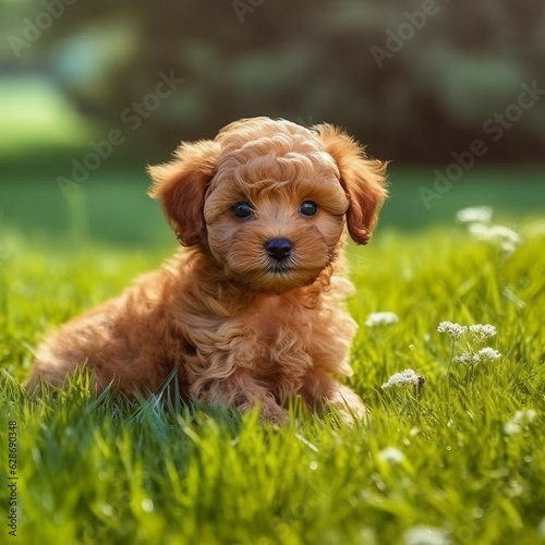 Poodle puppy sitting on the green meadow in a summer green field. Portrait of a Poodle pup sitting on the grass with a summer landscape in the background. AI generated dog illustration.