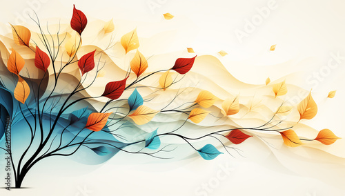 Illustration with leaves in autumn colors. AI generated