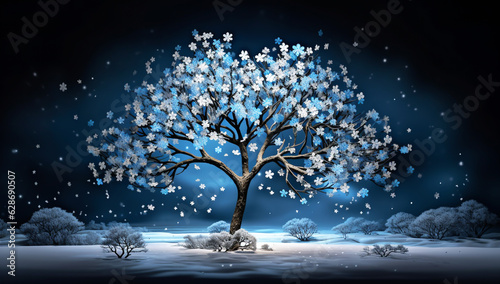Trees wrapped in snowflakes in a Christmas atmosphere. AI generated © Alicina