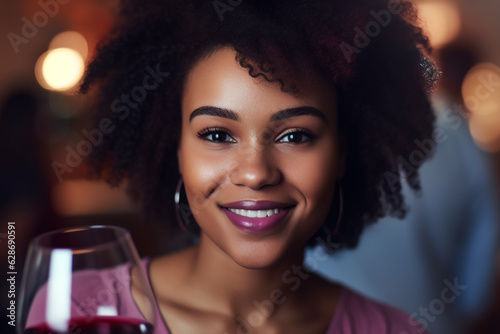 Pretty smiling afro-american woman with a glass of wine. Generative AI