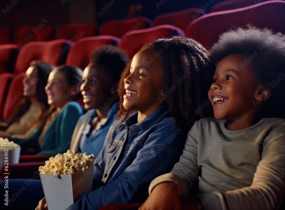 Young kids smiling waiting with popcorn at cinema Young kids smiling waiting with popcorn at cinema