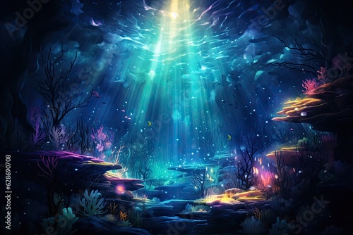colourfull backdrop illustration of an underwarter cave with light rays and colorful corals - generative ai