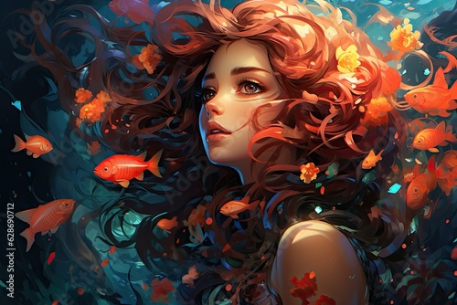 digital painting portrait of a mermaid with orange hair and orange fish swimming around her - magical storytelling - underwater mysteries - generative ai