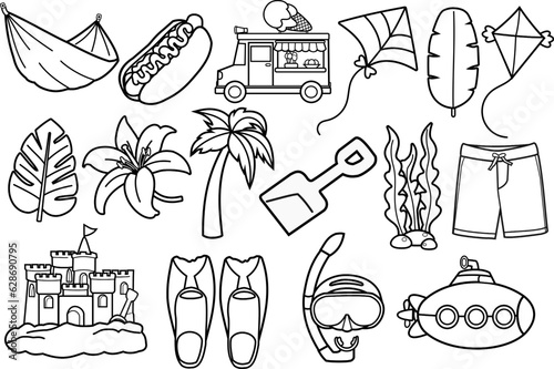 Set of black and white summer and beach clipart on white background.