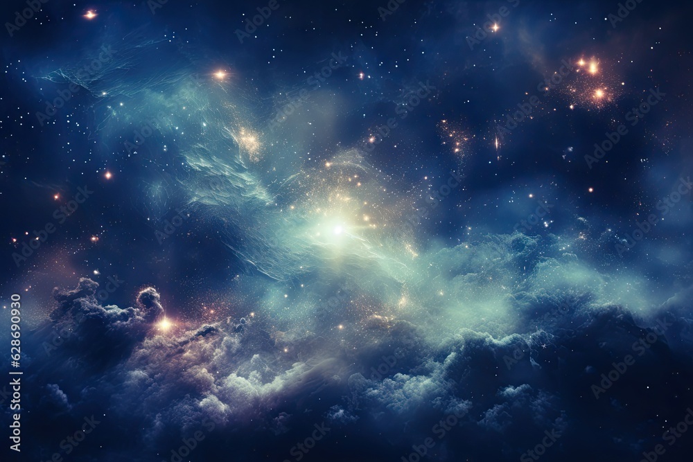 space fantasy background - blue space scene with clouds in the foreground and a big star with a nebula and further stars in the night sky - generative ai space fantasy background - blue space scene with clouds in the foreground and a big star with a nebula and further stars in the night sky - generative ai