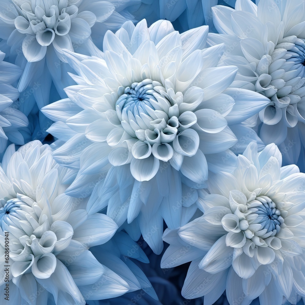 Obraz premium Beautiful Art Flower composition of blue flowers, top view. Beautiful design composition of blue blooming flowers. Digital illustration of beautiful light-blue flowers. Art digital painting.
