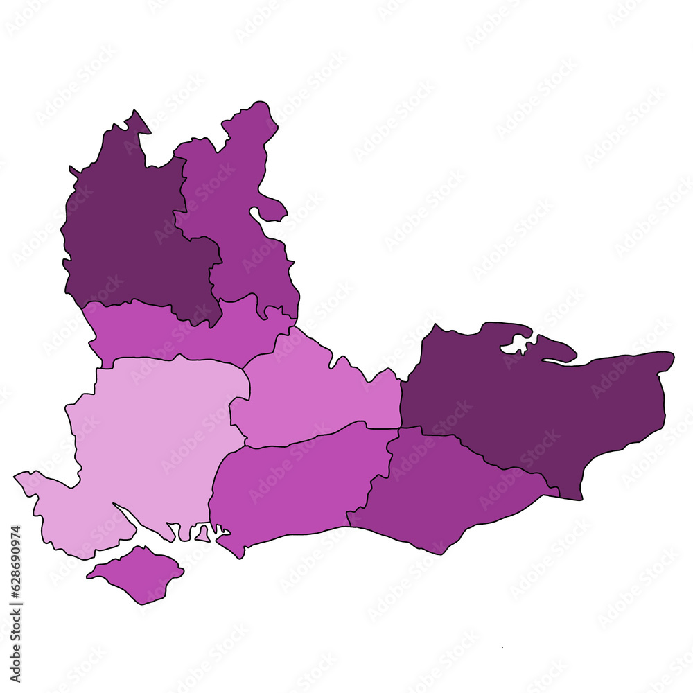 Fototapeta premium High Quality purple map of South East England is a region of England, with borders of the ceremonial counties and different colour.