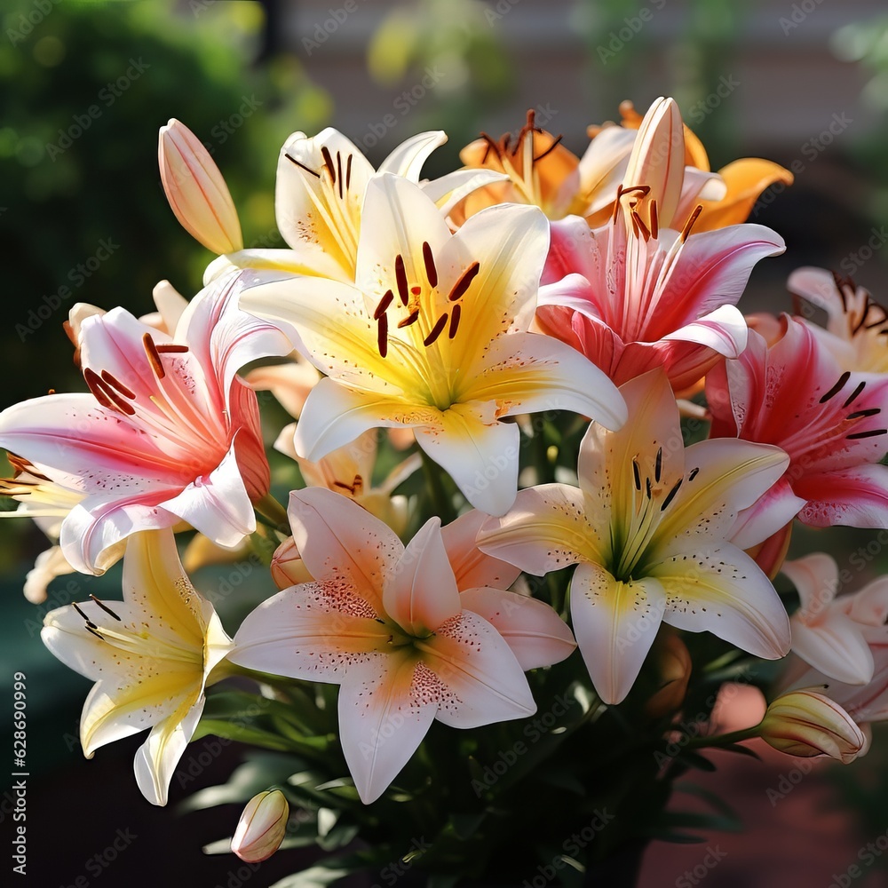 Beautiful illustration of blooming flowers of white-pink Lilies. Beautiful blooming botanical flowers closeup. Pink Lilies outdoors shot in botanical garden. Scenic spring nature with pink flowers