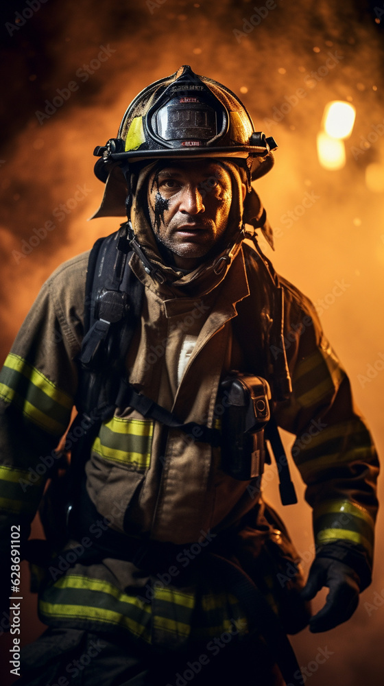 Fototapeta premium Raging Inferno Response: Firefighters at the Front, Generative AI