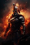 spartainian warrior - roman soldier in his armor with red cape and helmet - battle scars - fire in the background - cinematic wallpaper - artistic portrait - generative ai