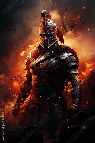 spartainian warrior - roman soldier in his armor with red cape and helmet - battle scars - fire in the background - cinematic wallpaper - artistic portrait - generative ai