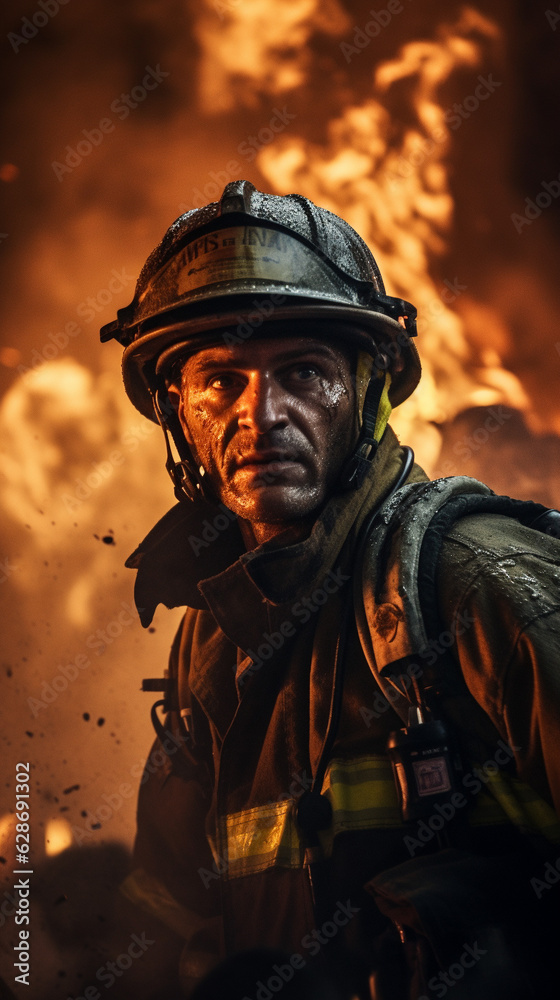 Fototapeta premium Raging Flames: Firefighters in Heroic Effort, Generative AI