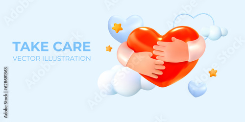 Take care, heart that embraces hands. Hugs. Love, care and attention. Vector illustration
