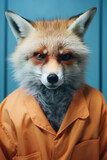 Portrait of fox in orange prison jumpsuit. AI generative art